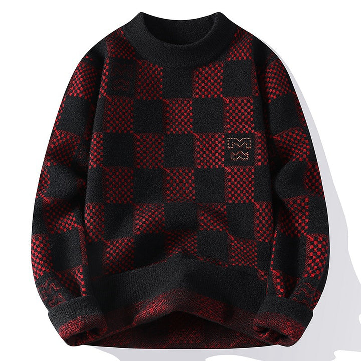 Herren nan karierter Oversize-Strickpullover mit Rundhalsausschnitt, weichem Feinstrick und strukturierter Jacquard-Musterung Drune