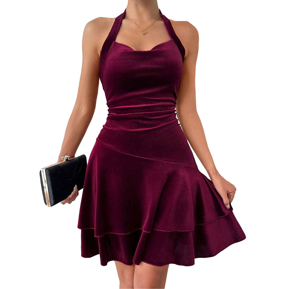 Damen figurbetontes Abendkleid mit rüschendem Rock und Neckholder-Design Drune