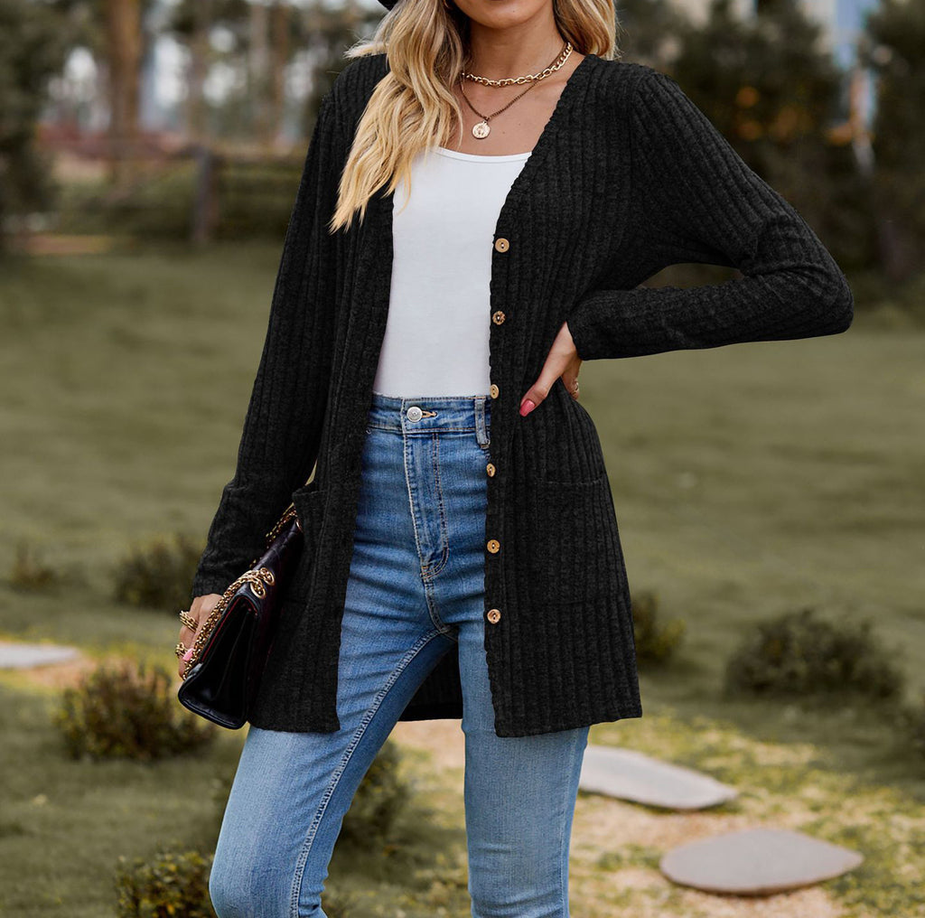 Drune | Strickjacke Wollstrick Lässige Passform Knöpfe Rippstrick mit Taschen