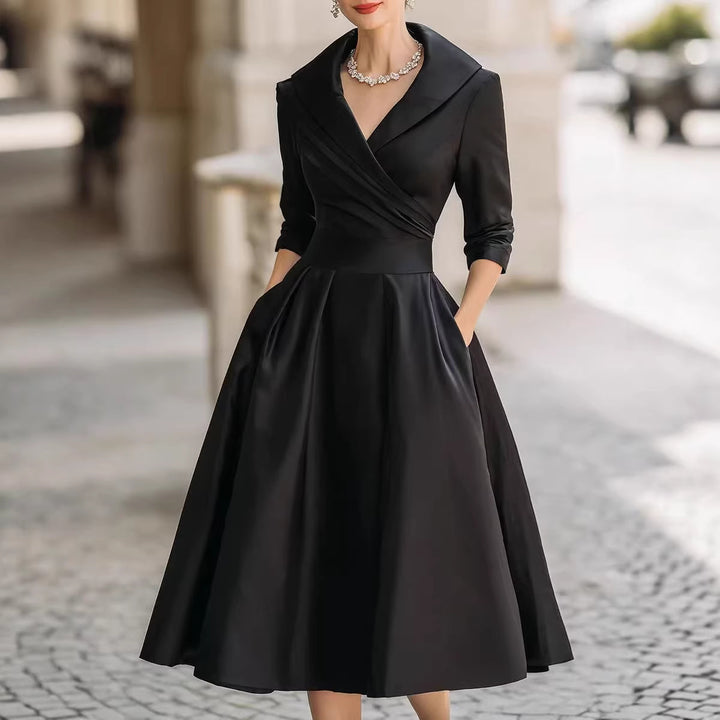 Damen nan elegantes Midikleid mit Wickeloberteil, Dreiviertelärmeln und Eingrifftaschen Drune