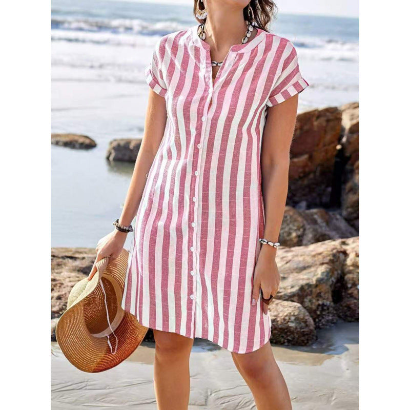 Damen Freizeitleinenhemdkleid mit gestreiftem Muster und schickem Kragen Drune