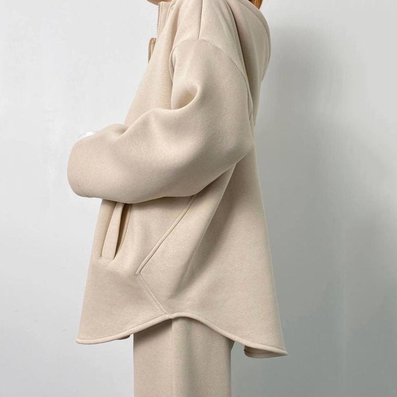 Damen Oversized Fleece-Jogginganzug mit hohem Kragen und Reißverschluss Drune