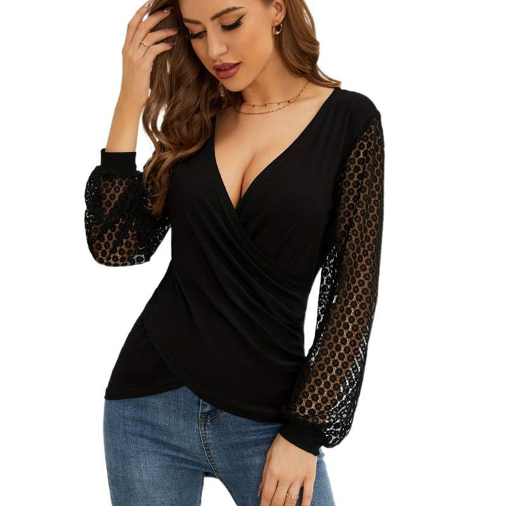 Damen Wickeltop mit transparenten Ärmeln und modischem V-Ausschnitt Drune