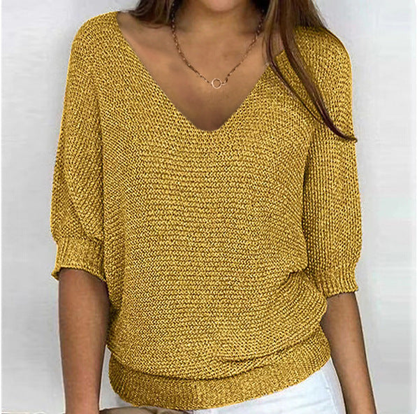 Damen nan lässiger Strickpullover mit V-Ausschnitt und Fledermausärmeln Drune