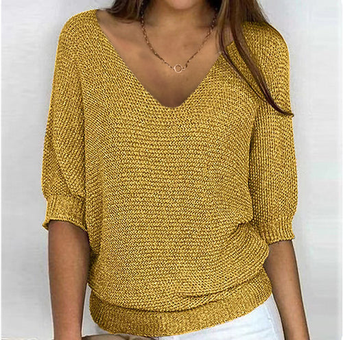 Damen nan lässiger Strickpullover mit V-Ausschnitt und Fledermausärmeln Drune