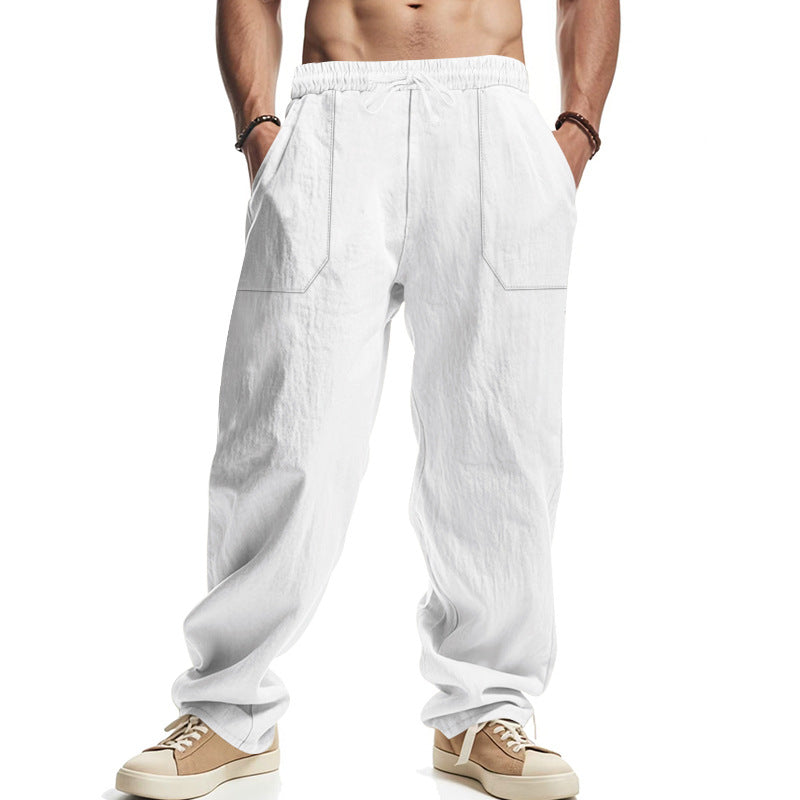 Herren nan lockere Leinenhose mit elastischem Bund, Tunnelzug und großen Eingrifftaschen Drune