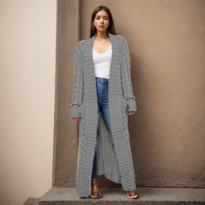 Damen langen Strickcardigan mit hochwertigem Zopfmuster Drune