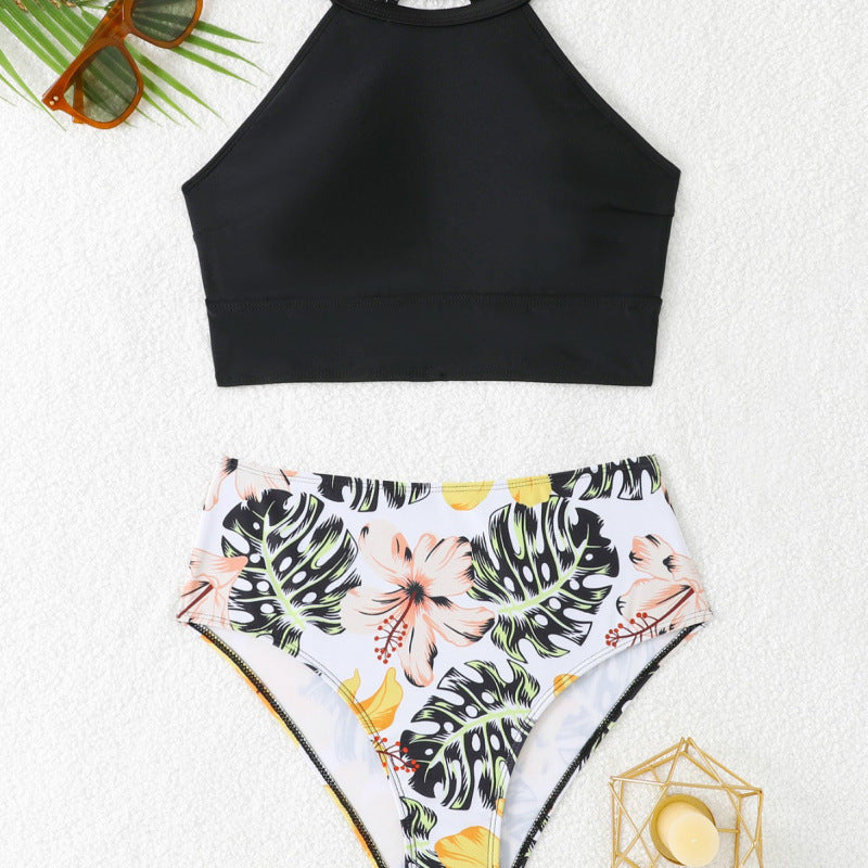 Badeanzug Oberteil mit Hochkragen und floraler Hochschnitt-Hose Drune