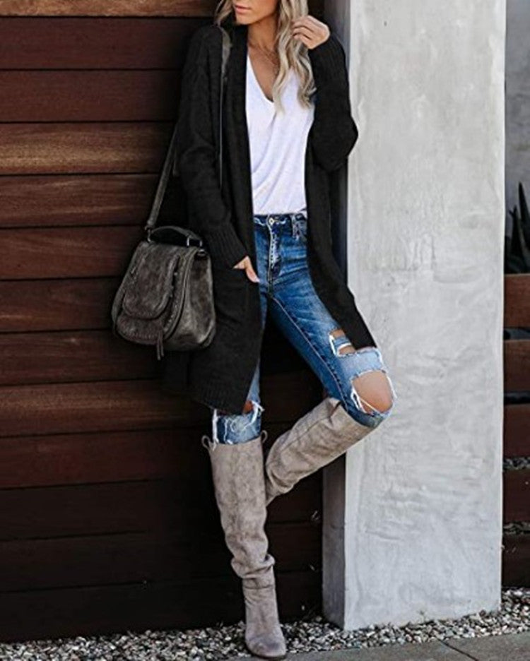 Damen Langer Strickcardigan mit lässigen Taschen und modernem Design Drune