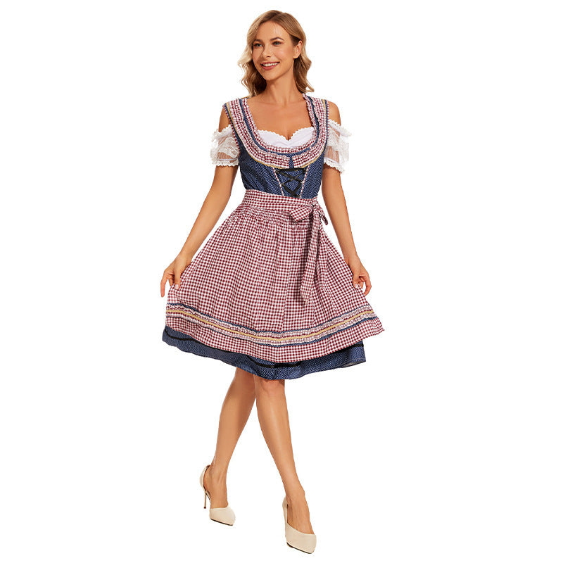 Damen nan traditionelles Trachtenkleid mit Schnürmieder, Spitzenärmeln und karierter Schürze Drune