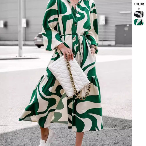 Damen Langarm Hemdblusenkleid mit modischem Muster und Taillengürtel Drune