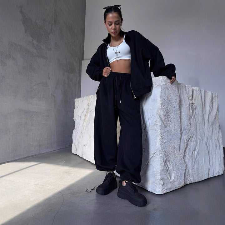 Damen lässiger Freizeitanzug mit oversized Jacke und weitem Bund Drune