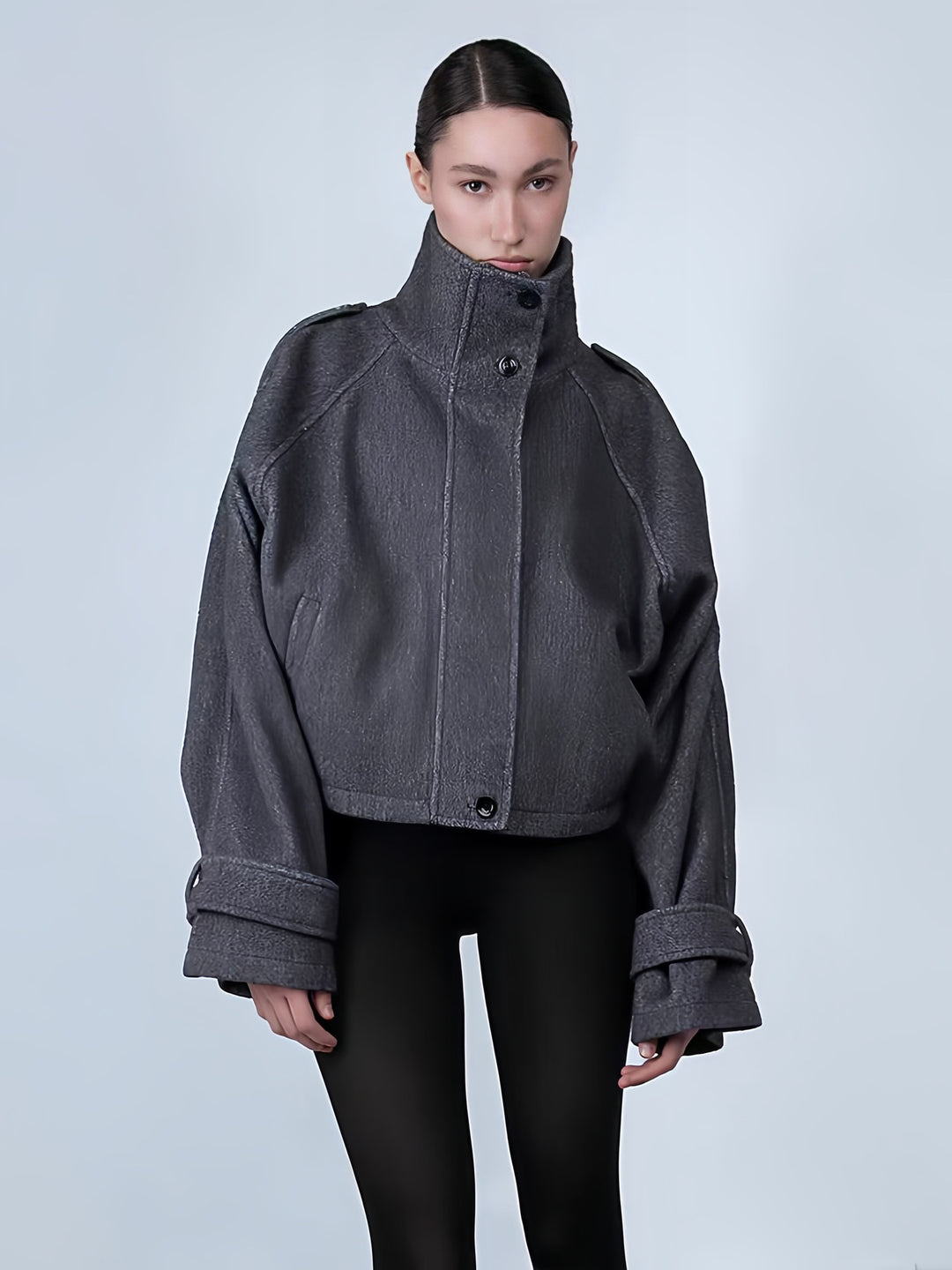 Damen oversized Cropped-Jacke mit hohem Kragen und ausgefallenem Ärmel Drune