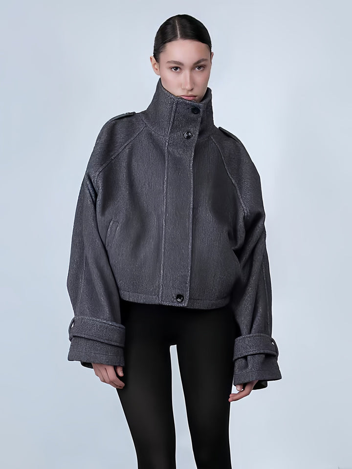 Damen oversized Cropped-Jacke mit hohem Kragen und ausgefallenem Ärmel Drune
