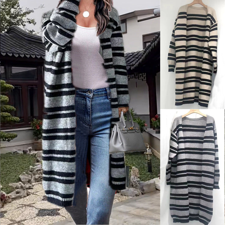 Damen lässiger Strickcardigan mit modernem Streifenmuster und offenem Schnitt Drune