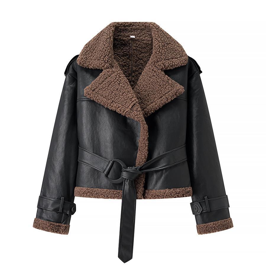Damen Kunstlederjacke mit Teddy-Futter und taillierbarem Gürtel Drune