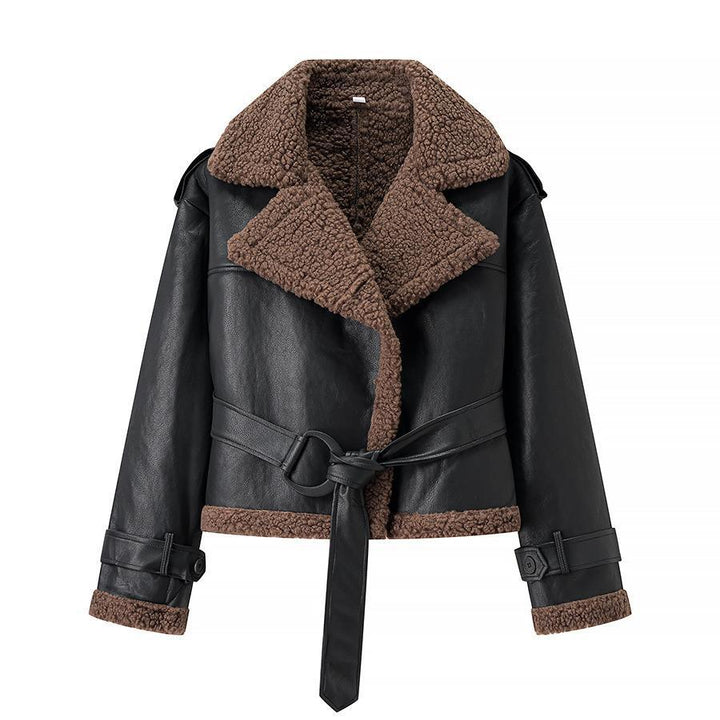 Damen Kunstlederjacke mit Teddy-Futter und taillierbarem Gürtel Drune