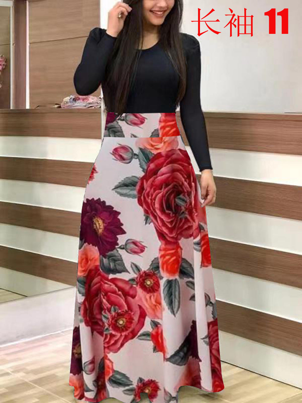 Damen Elegantes Maxikleid mit grafischem Druck und flexiblem Bund Drune