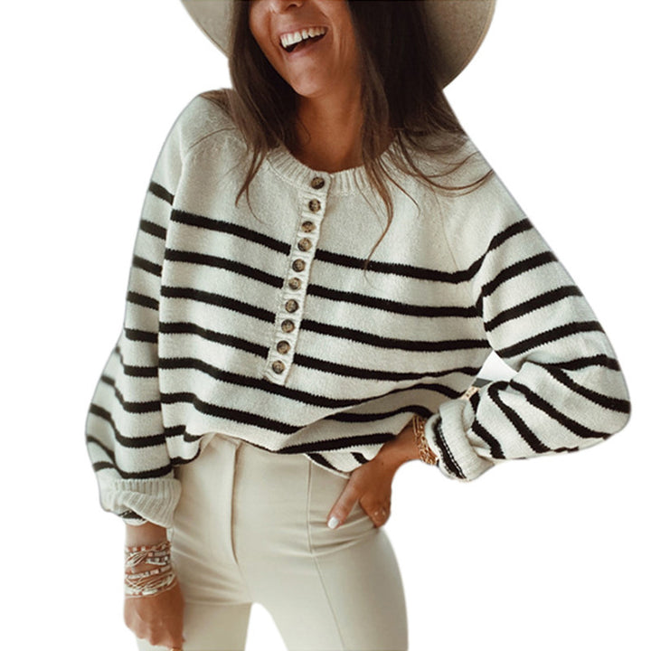 Damen lockerer Strickpullover mit Knopfdetails und Streifenmuster Drune