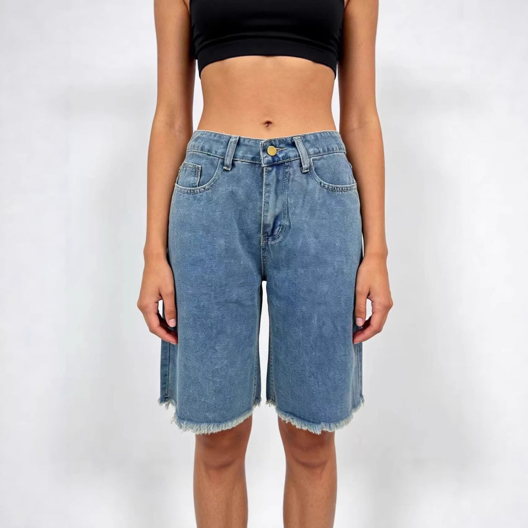 Damen lässige Denim-Shorts mit ausgefransten Säumen und hoher Taille Drune