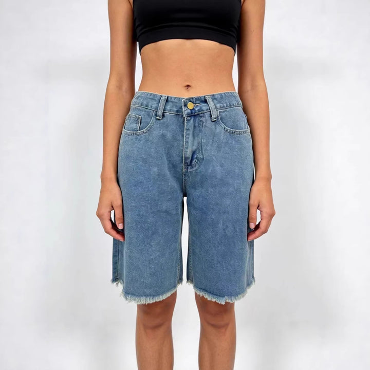 Damen lässige Denim-Shorts mit ausgefransten Säumen und hoher Taille Drune