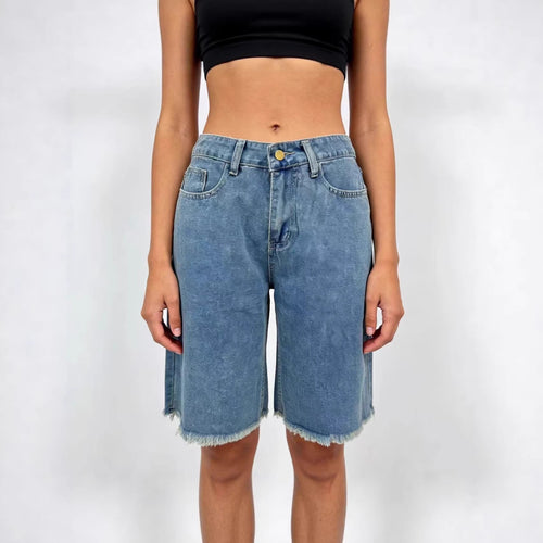 Damen lässige Denim-Shorts mit ausgefransten Säumen und hoher Taille Drune