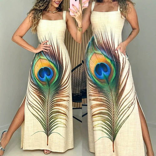 Damen Maxikleid mit grafischem Pfauenfeder-Druck und praktischen Seitentaschen Drune