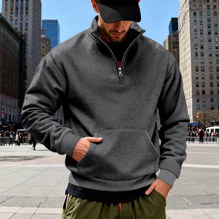 Herren nan Halbzip-Sweatshirt mit Kängurutasche, elastischen Rippbündchen und hohem Stehkragen Drune