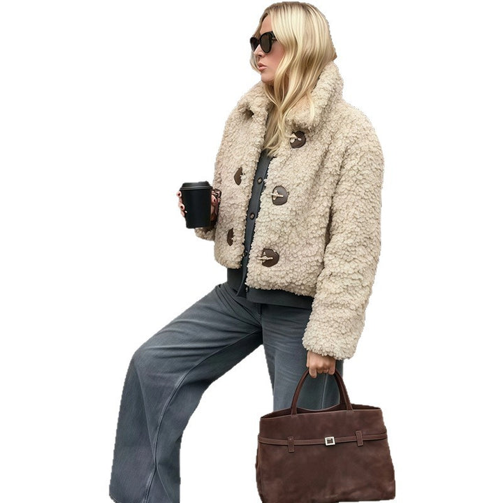 Damen Kunstfelljacke im modischen Cropped-Design mit dekorativen Knöpfen Drune
