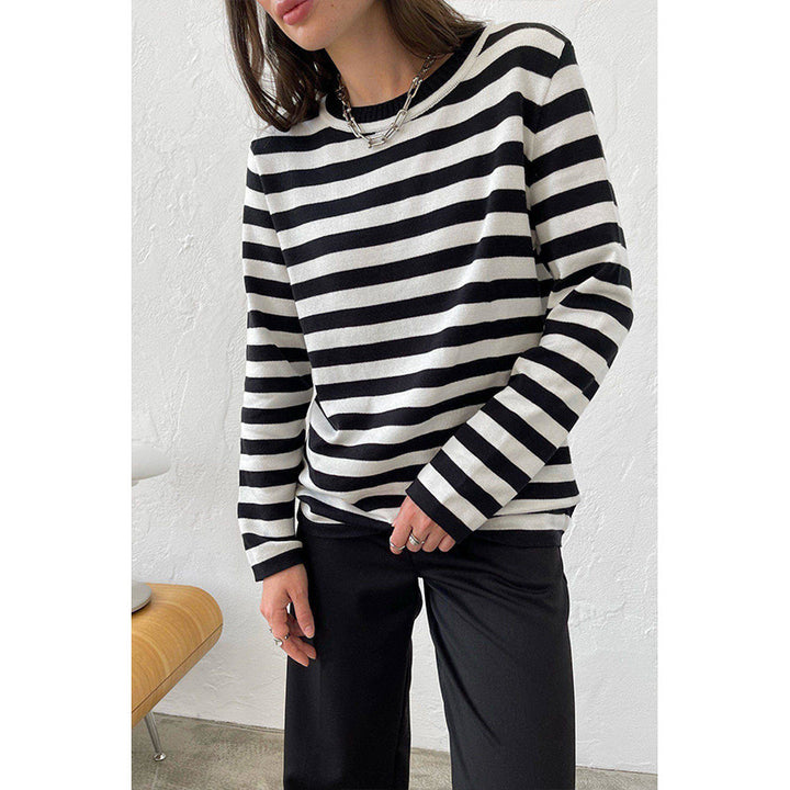 Damen gestreifter Langarm-Sweater mit Rundhalsausschnitt und weitem Schnitt Drune