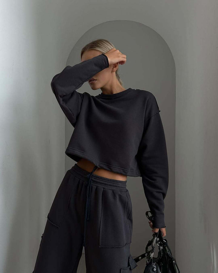 Damen lässiger Cropped Sweatshirt mit Kordelzug Drune