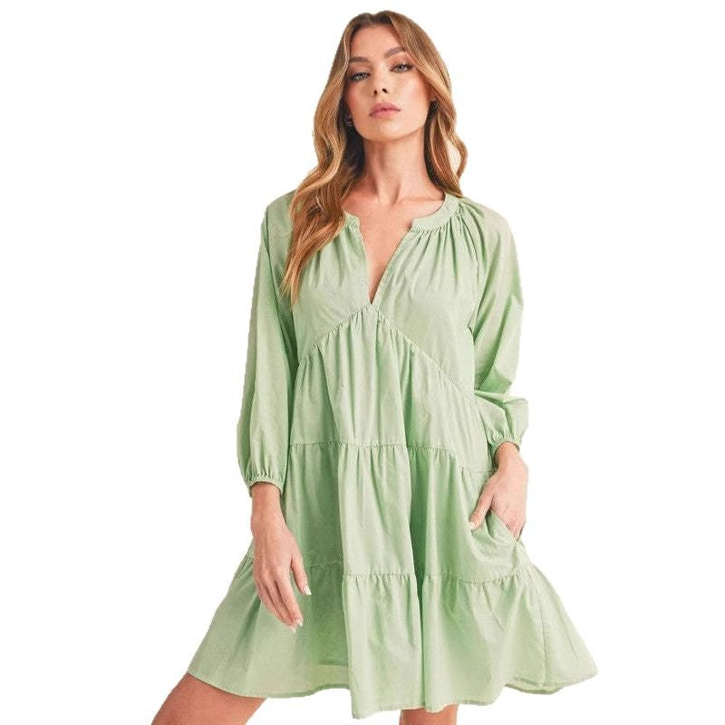 Damen luftiges Babydoll Kleid mit Rüschen und V-Ausschnitt Drune