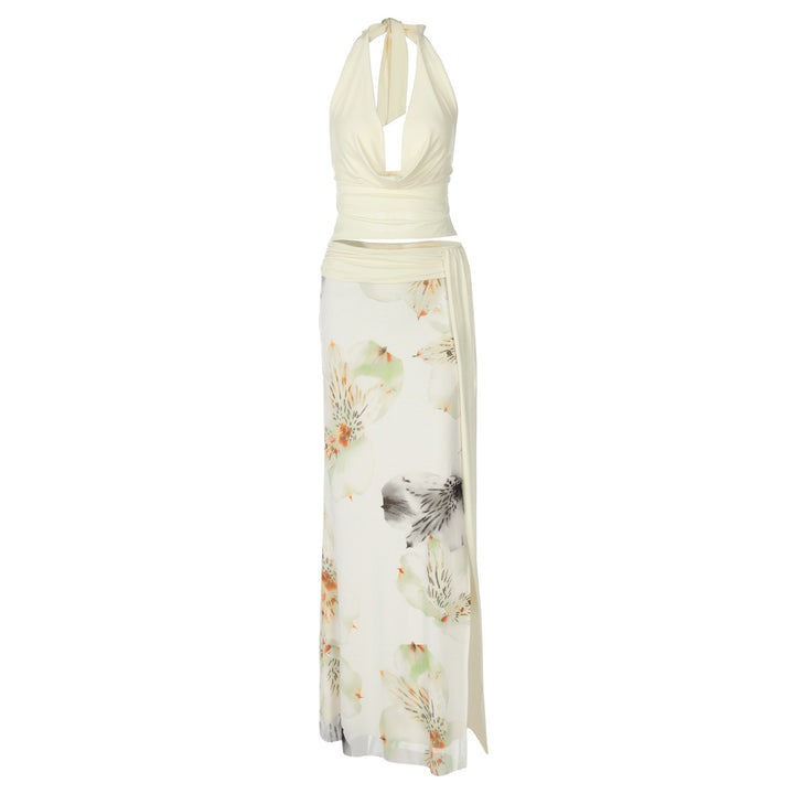 Damen Elegantes Maxikleid mit floralem Halterdesign und seitlichem Schlitz Drune