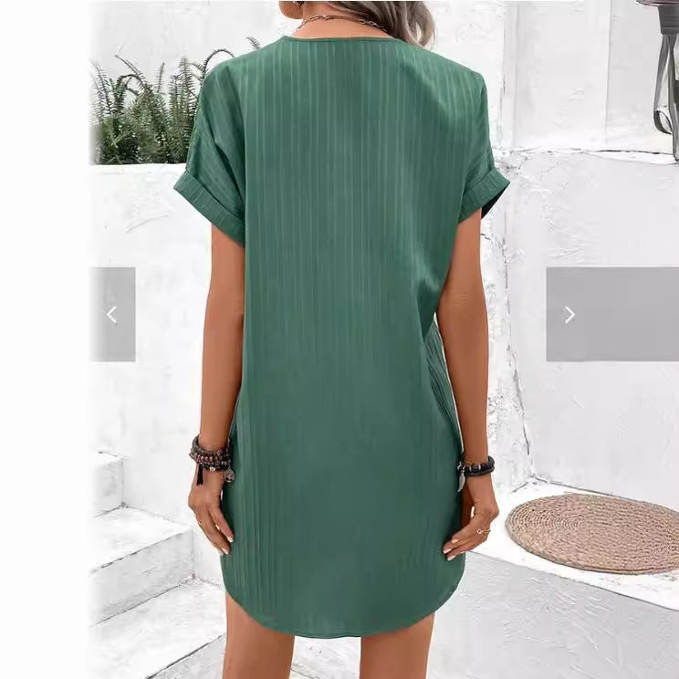 Damen Kurzarm Kleid mit Knopfleiste und feinem Längsstreifenmuster Drune