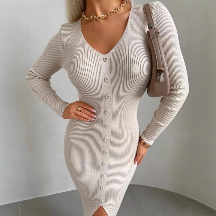 Damen Strickkleid mit hohen Knopfdetails und tiefem V-Ausschnitt Drune