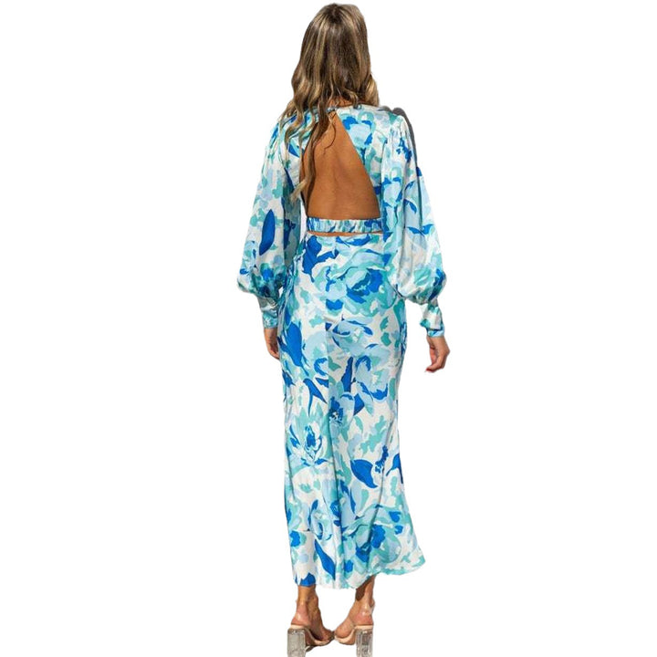 Damen Langarm Maxikleid mit floralem Muster und V-Ausschnitt Drune