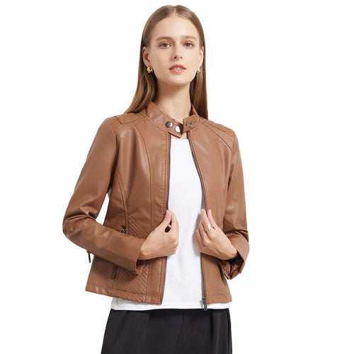 Damen nan taillierte Biker-Kunstlederjacke mit Stehkragen und gesteppter Seitenpartie Drune