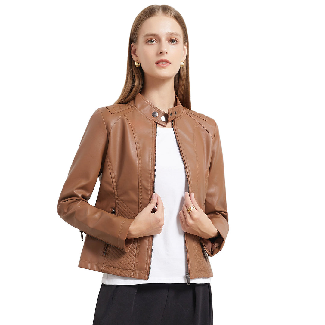 Damen nan taillierte Kunstlederjacke im Bikerstil mit Stehkragen und gesteppter Seitenpartie Drune