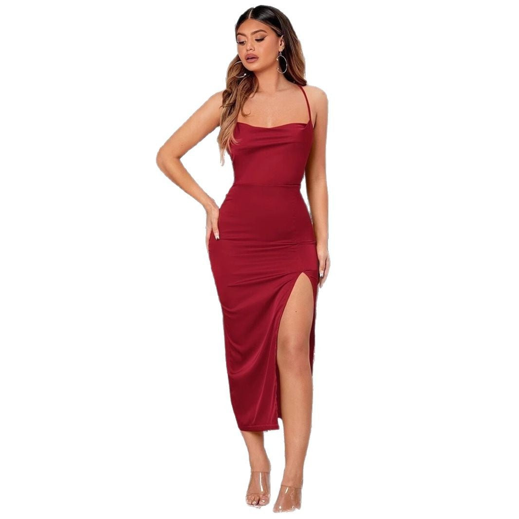 Damen Elegantes Midikleid mit verführerischem Schlitz und schmalen Spaghetti-Trägern Drune