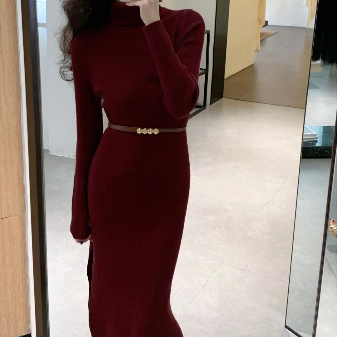 Damen elegantes Strickkleid mit hohem Kragen und seitlichem Schlitz Drune