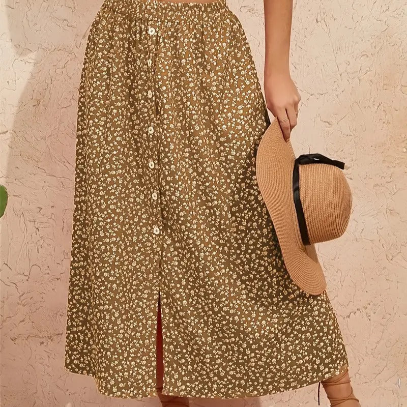 Damen Maxirock mit floralen Knopfdetails und seitlichem Schlitz Drune