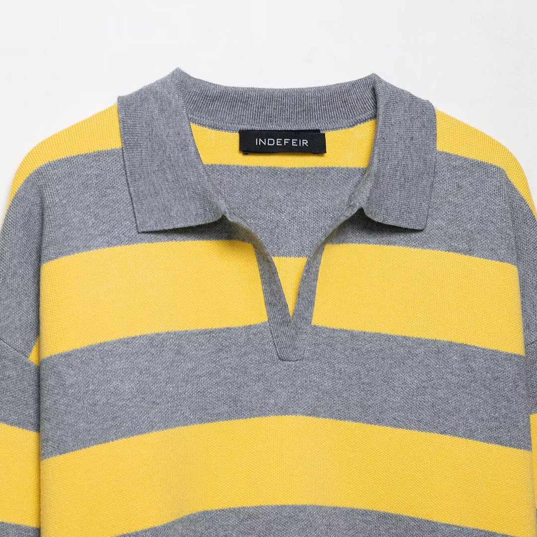 Damen lässiger Strickpullover mit Polo-Kragen und gestreiftem Design Drune