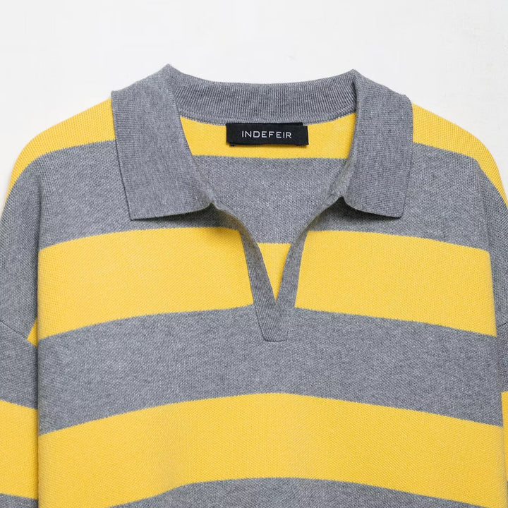 Damen lässiger Strickpullover mit Polo-Kragen und gestreiftem Design Drune