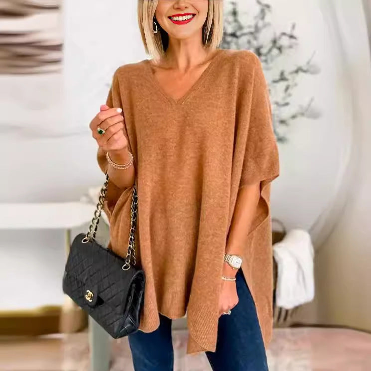 Damen lässiger Strickponcho mit V-Ausschnitt und überschnittenen Ärmeln Drune