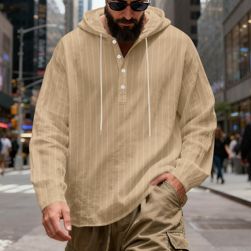 Herren nan gestreiftes Henley-Kapuzenhemd mit Langarm, lockerem Schnitt und Kordelzug Drune