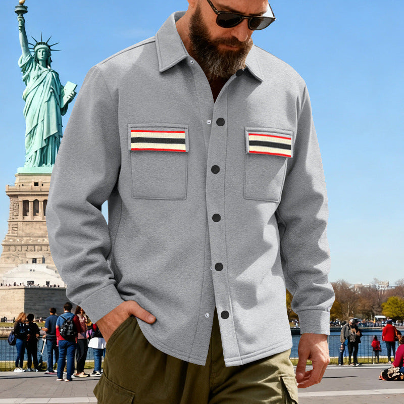 Herren nan Overshirt aus gewalktem Sweat mit aufgesetzten Brusttaschen und Retro-Streifen Drune