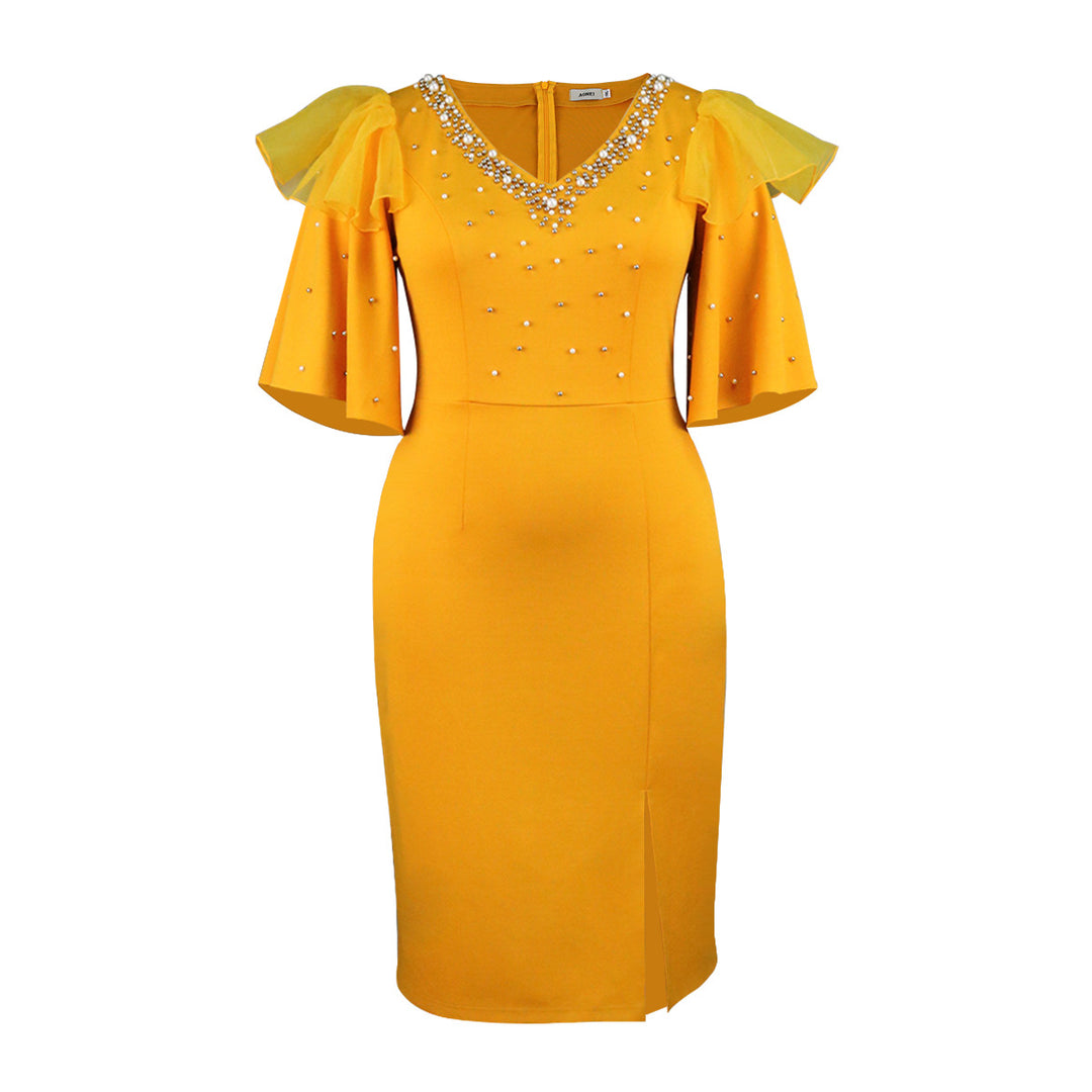 Damen elegantes Schimmerndes Midi-Kleid mit Volantrüsche und Glamourösen Akzenten Drune