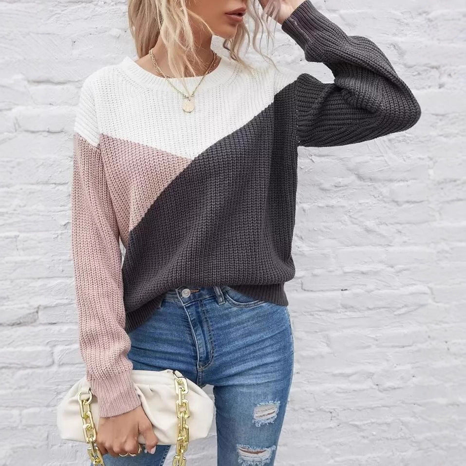 Damen Gemusterter Strickpullover mit modernem Farbblockdesign Drune