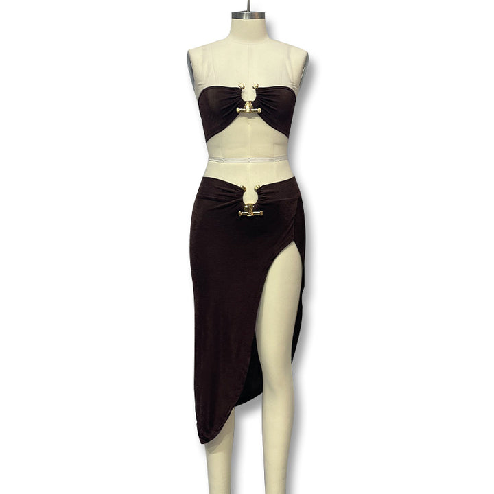 Damen Stylisches Bandeau-Top und Maxi-Rock Set mit hohem Schlitz und eleganten Details Drune