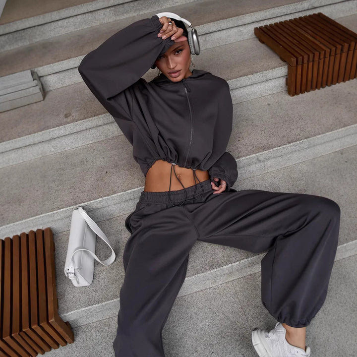 Damen Bequemer und stilvoller Freizeit-Loungewear-Jogginganzug mit Kapuze Drune